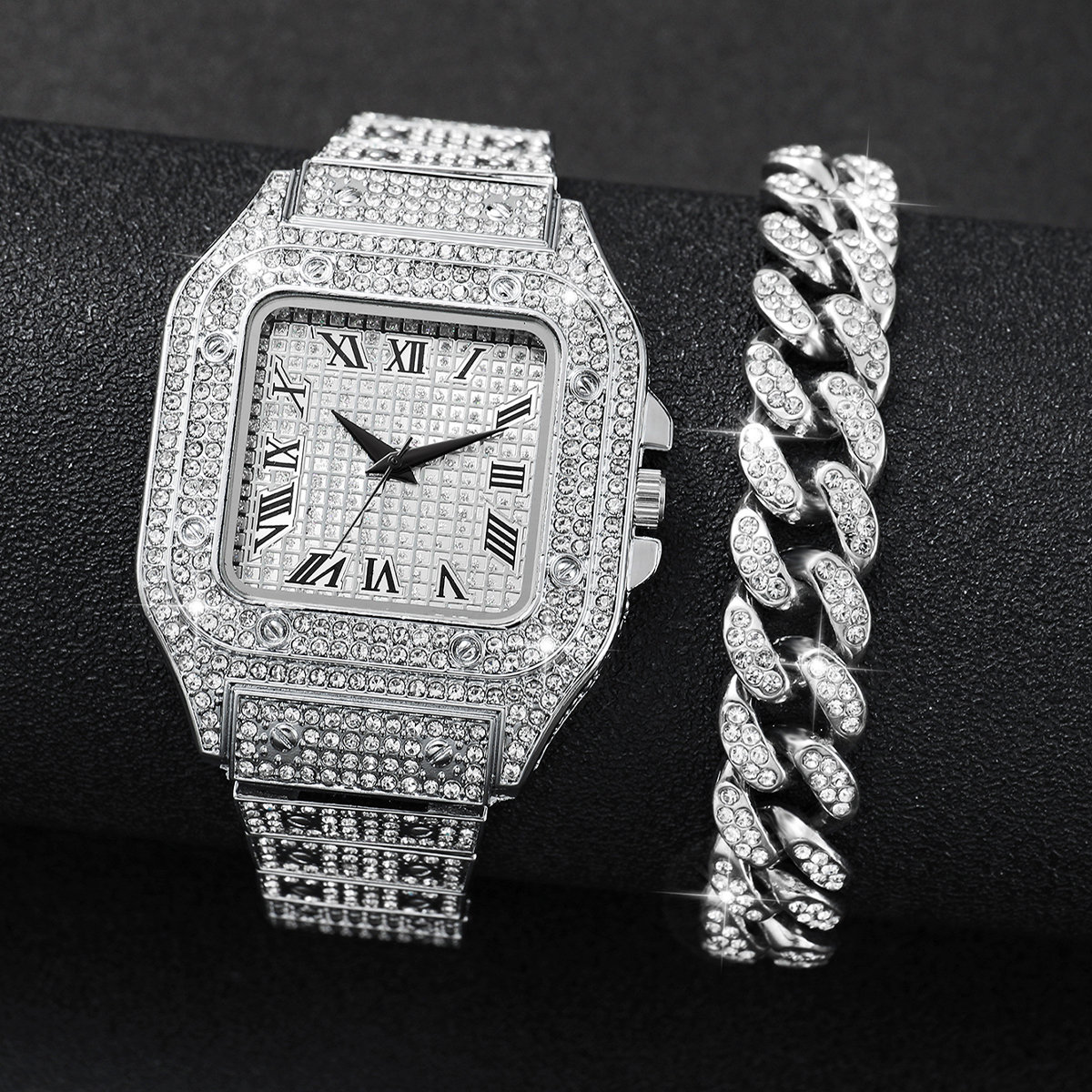 Luxury Watch Wallpaper - 2PCS Iced Out Square Watch &