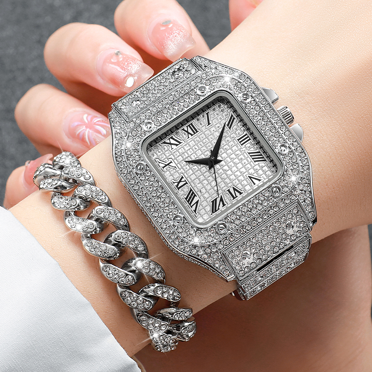 2PCS Iced Out Square Watch & C - Luxury Watch Wallpaper บทวิจารณ์และราคา